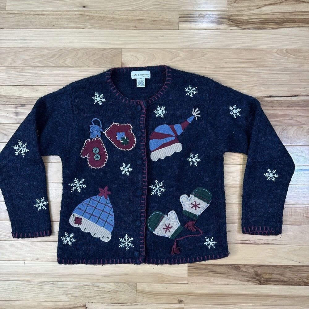 VTG Croft & Barrow Holiday Blue Sweater Mittens Snowflake Size Pro Petite Med